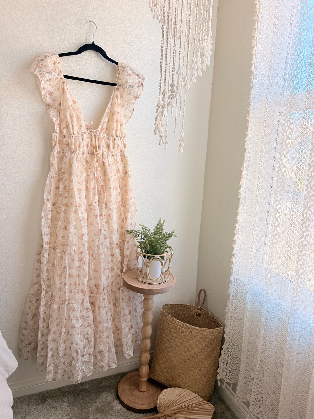 Peach Floral Tiered Maxi Dress with Ruffle Sleeves